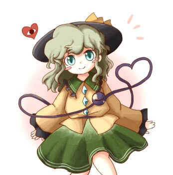 1girl black_hat blush_stickers bow buttons closed_mouth commentary_request contrast_collar diamond_button feet_out_of_frame frilled_shirt_collar frills green_eyes green_hair green_skirt hat hat_bow heart heart_of_string heripantomorrow komeiji_koishi long_sleeves looking_at_viewer notice_lines shirt skirt sleeves_past_wrists smile solo standing third_eye touhou white_background wide_sleeves yellow_bow yellow_shirt