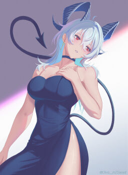 Rule 34 | 1girl, absurdres, black background, black choker, black horns, black tail, blue dress, breasts, choker, clenched teeth, covered abs, curled horns, demon tail, dress, earrings, gradient background, grey hair, hair between eyes, hand on own chest, highres, horns, jewelry, key earrings, large breasts, long hair, mole, mole under eye, parted lips, pixiv username, red eyes, solo, strapless, strapless dress, sugarism, tail, teeth, toned, toned female, twitter username, two-tone background, white background, wuthering waves, zani (wuthering waves)