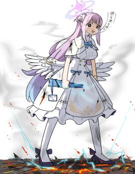 1girl absurdres angel_wings black_shoes blue_archive blue_hair blue_halo broken_horn burnt_clothes buttons capelet chewing commentary_request crescent_moon crescent_wing_ornament crossover doodle_sensei_(blue_archive) double-breasted dress eating electricity embers frilled_dress frills gradient_hair gradient_halo hair_bun halo high_heels highres horns kirin_(monster_hunter) long_hair looking_at_viewer low_wings medium_dress mika_(blue_archive) monster_hunter_(series) moon multicolored_hair multicolored_halo nubebenbe pantyhose pink_halo pumps sensei_(blue_archive) shoes single_side_bun white_dress white_pantyhose wing_ornament wings