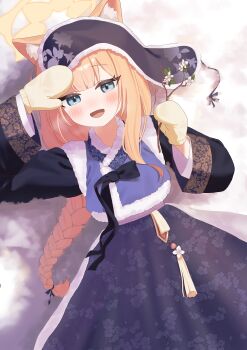 1girl :d absurdres alternate_costume alternate_hairstyle animal_ear_fluff animal_ears black_bow black_skirt blue_archive blue_eyes blunt_bangs blush bow braid braided_ponytail branch cat_ears cat_girl clothing_request commentary dutch_angle floral_print floral_print_skirt flower halo hands_up happy highres holding holding_branch leaf long_hair long_sleeves looking_at_viewer lying mang_722 mari_(blue_archive) mittens on_back open_mouth orange_hair print_skirt sidelocks skirt smile solo tassel very_long_hair white_flower wide_sleeves winter_clothes yellow_halo yellow_mittens