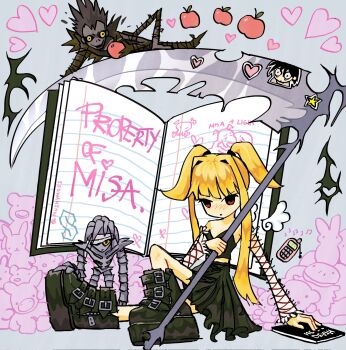 amane_misa apple bandage_over_one_eye bandaged_head bandages black_boots black_shirt black_skirt blonde_hair boots brown_eyes cellphone character_name character_sticker crop_top death_note death_note_(object) detached_sleeves fishnet_sleeves fishnets food fruit hair_intakes half_updo hand_on_another&#039;s_foot highres holding holding_scythe l_(death_note) long_hair midriff mini_wings mushymoss phone rem_(death_note) ryuk scythe shinigami shirt sitting skirt sticker strapless strapless_shirt twintails wings