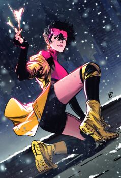 1girl black_hair black_shorts blue_eyes boots coat commentary earrings english_commentary full_body highres jewelry jubilee marvel michael_yg pink-tinted_eyewear pink_shirt shirt short_hair shorts snowing solo tinted_eyewear x-men yellow_boots yellow_coat