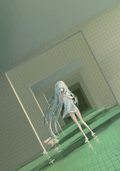 1girl absurdres barefoot blue_eyes commentary_request dutch_angle floating_hair full_body highres indoors liminal_space long_hair original own_hands_together reflection solo standing tanao_(user_vveu4277) very_long_hair white_hair