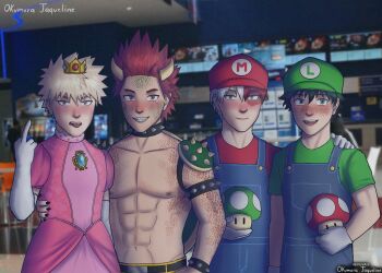 Rule 34 | 2boys, boku no hero academia, bones (company), bowser, bowser (cosplay), cosplay, freckles, kiribaku, luigi, luigi (cosplay), mario, mario (cosplay), mario (series), messy hair, midoriya izuku, movie theater, multicolored hair, multiple boys, nintendo, okumurajaqueli, princess peach, princess peach (cosplay), scar, shounen jump, spiked hair, todoroki shoto, two-tone hair