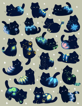 Rule 34 | absurdres, animal, animal focus, baby animal, black cat, cat, commentary, glowing, grey background, highres, kitten, lazuli (lazuli3103), multiple views, no humans, original, simple background, star (symbol), untranslatable commentary, whiskers