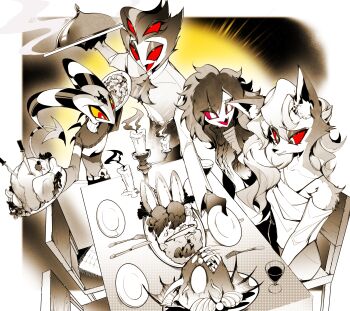 2boys 2girls absurdres blitzo_(helluva_boss) colored_sclera demon_boy demon_girl demon_horns family father_and_daughter food furry hellaverse helluva_boss highres horns loona_(helluva_boss) multiple_boys multiple_girls octavia_(helluva_boss) red_eyes red_sclera shirt stolas_(helluva_boss) sweater yellow_sclera zhu_xing_pupupu