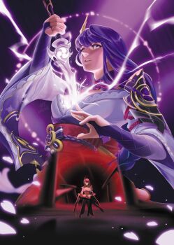 Rule 34 | 1girl, absurdres, arm up, armor, artbyvalence, blunt bangs, blurry, braid, bridal gauntlets, cherry blossoms, closed eyes, closed mouth, commentary, depth of field, drawing sword, electricity, english commentary, falling petals, floating, full body, genshin impact, glowing, glowing petals, glowing sword, glowing weapon, hair ornament, half lotus position, highres, holding, holding sword, holding weapon, human scabbard, japanese clothes, kimono, long braid, looking to the side, meditation, mitsudomoe (shape), mole, mole under eye, moon, multicolored hair, musou isshin (genshin impact), parted lips, petals, pink petals, purple hair, purple kimono, raiden shogun, red sash, sash, shade, shoulder armor, single braid, solo, streaked hair, sword, sword between breasts, thighhighs, tomoe (symbol), upper body, weapon