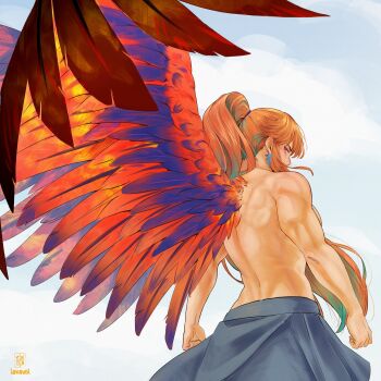 1girl alternate_costume alternate_muscle_size biceps breasts earrings feather_earrings feathers from_behind gradient_hair green_hair highres hololive hololive_english iskaydi jewelry long_hair looking_at_viewer multicolored_hair muscular muscular_female orange_hair purple_eyes simple_background solo takanashi_kiara topless_female virtual_youtuber