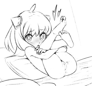 1girl :o ahoge anus anya_(spy_x_family) bed_sheet blush cabronpr censored completely_nude crossed_arms feet fingernails full_body greyscale hair_between_eyes hairpods highres holding_legs legs_up loli looking_at_viewer medium_hair monochrome mosaic_censoring nose_blush nude on_bed open_mouth pillow pussy raised_inner_eyebrows reclining simple_background soles solo spy_x_family tareme teeth toes tongue upper_teeth_only white_background