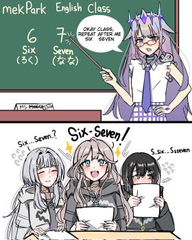 67_(meme) aciayadi black_hair blue_eyes chalkboard collarbone glasses grey_hair hair_ornament highres hololive hololive_english jewel_under_eye kiyosumi_lyra koseki_bijou long_hair long_sleeves mekpark multicolored_hair multiple_girls open_mouth pebble_(koseki_bijou) pleated_skirt purple_eyes reimei_mira short_hair skirt smile standing thighhighs virtual_youtuber white_background yoinagi_neon