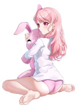 1girl bang_dream! barefoot full_body highres holding holding_stuffed_toy hug hugging_object looking_at_viewer maruyama_aya panties pink_eyes pink_hair pink_panties rabbit shirt simple_background solo stuffed_animal stuffed_rabbit stuffed_toy underwear wavy_hair white_background white_shirt zuka_ryu