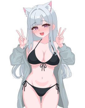1girl absurdres animal_ear_fluff animal_ears ayatsuno_yuni bikini black_bikini blush breasts commentary cowboy_shot deoksodaejang_guchangmo double_v front-tie_bikini_top front-tie_top gluteal_fold grey_hair grey_jacket hands_up highres jacket korean_commentary large_breasts long_hair long_sleeves looking_at_viewer navel off_shoulder open_clothes open_jacket open_mouth parted_bangs purple_eyes side-tie_bikini_bottom simple_background smile solo standing stellive stomach straight_hair swimsuit v virtual_youtuber white_background