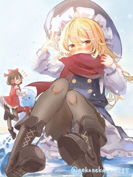 2girls black_hat black_skirt black_vest blonde_hair blue_sky blush boots bow brown_boots brown_eyes brown_hair brown_pantyhose commentary_request day detached_sleeves footprints frilled_hair_tubes frilled_skirt frills hair_bow hair_tubes hakurei_reimu hat highres kirisame_marisa long_hair multiple_girls nekoneko_1225 outdoors pantyhose red_bow red_scarf red_skirt scarf sitting skirt skirt_set sky snow snowman touhou vest witch_hat yellow_eyes