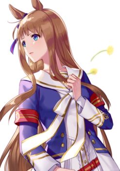 Rule 34 | 1girl, akatsuki (kuon), animal ears, armband, blue eyes, blue jacket, blush, bow, brown hair, closed mouth, commentary request, dandelion, dress, ear bow, ear ornament, ear ribbon, flower, grass wonder (stone-piercing blue) (umamusume), grass wonder (umamusume), horse ears, horse girl, jacket, long hair, long sleeves, looking to the side, multicolored hair, sailor collar, simple background, solo, umamusume, white background, white dress, white hair, white sailor collar