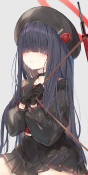 1girl aimi_(mimi_nii2) beret black_choker black_gloves black_hair black_hat black_sailor_collar black_shirt black_skirt blue_archive blunt_bangs blush choker closed_mouth collarbone covered_eyes cowboy_shot facing_ahead gloves grey_background hair_over_eyes halo hands_up hashtag-only_commentary hat hat_ornament highres holding justice_task_force_member_(blue_archive) light_particles long_hair long_sidelocks long_sleeves midriff miniskirt neckerchief own_hands_together pleated_skirt puffy_long_sleeves puffy_sleeves red_halo red_neckerchief sailor_collar school_uniform shirt sidelocks simple_background sitting skirt solo straight_hair sweatdrop very_long_hair