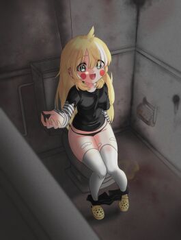 2024 absurdres artist_request bandaid bandaid_on_leg black_panties black_shirt blush crocs green_eyes highres indie_virtual_youtuber inislein loli looking_at_viewer open_mouth panties reaching reaching_towards_viewer shirt sitting socks striped_arm_warmers toilet toilet_paper underwear virtual_youtuber yellow_footwear yellow_socks