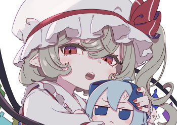 Rule 34 | 2girls, :<, absurdres, ahoge, anger vein, blonde hair, blue eyes, blue hair, blush, blush stickers, character doll, cirno, closed mouth, collared shirt, commentary, doll, flandre scarlet, frilled shirt collar, frills, fumo (doll), hat, hat ribbon, highres, holding, holding doll, kame (kamepan44231), mob cap, multicolored wings, multiple girls, nail polish, open mouth, pointy ears, red eyes, red nails, red ribbon, ribbon, shirt, short hair, short sleeves, touhou, white hat, white shirt, wings