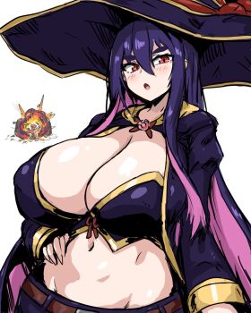 Rule 34 | 1boy, 1girl, asagaki togo, belt, bodysuit, breasts, cape, explosion, geist43195783, hand on own hip, hat, helmet, highres, huge breasts, yihdra arvoln, light blush, long hair, midriff, multicolored hair, navel, open mouth, pink hair, purple hair, red bodysuit, red eyes, sentai red ga isekai de boukensha ni naru, shiny skin, simple background, skirt, two-tone hair, upper body, white background, witch hat