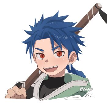 1boy absurdres artist_name black_shirt blue_hair braid commentary cu_chulainn_(fate) earrings eukio fate/grand_order fate_(series) highres holding holding_stick hood hood_down hooded_jacket jacket jewelry looking_at_viewer male_focus open_mouth red_eyes setanta_(fate) shirt smile stick upper_body white_background