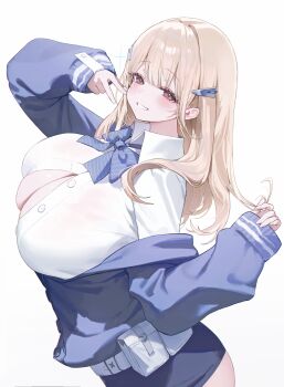 1girl absurdres blonde_hair blue_bow blue_bowtie blue_jacket bow bowtie breasts button_gap collared_shirt goddess_of_victory:_nikke hair_ornament hairclip highres huge_breasts jacket long_hair p00nipooni red_eyes school_uniform shirt solo tia_(nikke) white_shirt