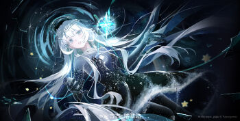 1girl absurdres black_dress black_gloves blue_eyes blue_halo blue_skin breasts center_opening clenched_teeth colored_skin cowboy_shot dress elbow_gloves floating_clothes floating_hair glitter gloves glow_(shining_nikki) gradient_skin gugu_(mirukai) halo halo_behind_head highres hole_in_chest hole_on_body light_particles lipstick long_hair long_sideburns looking_at_viewer makeup medium_breasts nikki_(series) pain path pink_lips road shining_nikki short_dress sideburns solo space star_(sky) star_beyond_galaxy_(shining_nikki) strapless strapless_dress teeth very_long_hair watermark wavy_hair weibo_watermark white_hair