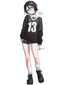 1girl black_choker black_hair black_nails black_shirt black_shorts bleach breasts chest_tattoo choker clothes_in_mouth clothes_lift collarbone commentary denim denim_shorts full_body hair_between_eyes highres kuchiki_rukia looking_at_viewer nail_polish parted_lips purple_eyes shirt short_hair short_shorts shorts signature simple_background small_breasts solo standing stomach tattoo waligner white_background