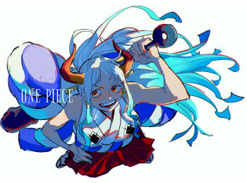 1girl aqua_hair azisaiharumaki56 blue_hair blunt_ends club club_(weapon) copyright_name earrings from_above hair_ornament hakama hand_on_own_hip highres holding holding_weapon horns japanese_clothes jewelry kanabou kimono multicolored_hair one_piece open_mouth ponytail red_hakama rope shimenawa sidelocks simple_background sleeveless sleeveless_kimono smile solo weapon white_background white_hair yamato_(one_piece)