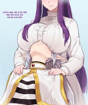 2girls between_breasts breasts buttons capelet dress elf english_text face_between_breasts fern_(sousou_no_frieren) frieren grey_hair hands_on_another&#039;s_shoulders head_back head_between_breasts head_out_of_frame hentaly highres huge_breasts long_hair meme multiple_girls pointy_ears pout purple_hair sousou_no_frieren twintails upper_body upward_angle_frieren_drawing_(meme) very_long_hair yuri