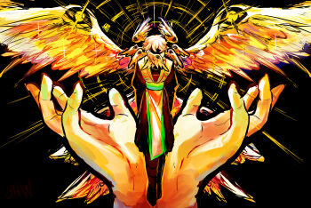 Rule 34 | 1boy, absurdres, angel, angel wings, animification, arms at sides, biblically accurate angel, black background, black pants, black skin, blonde hair, colored skin, commentary, english commentary, eyes on wings, facing viewer, feathered wings, full body, golden wings, green sash, halo, halo behind head, head wings, highres, in palms, lloyd garmadon, male focus, multiple wings, ninjago, pants, pelvic curtain, sash, seraph, short hair, simple background, solo, sparkle, standing, wings, wings over eyes, yhwcomeback