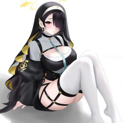 Rule 34 | 1girl, black hair, blue archive, cleavage cutout, clothing cutout, cross, cross earrings, earrings, hair over one eye, halo, highres, hinata (blue archive), jewelry, potgit, red eyes, sitting, thigh strap, thighhighs, trinity general school logo, white background, white thighhighs