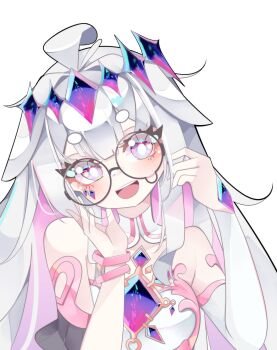 Rule 34 | 1girl, :d, absurdres, ahoge, bare shoulders, berrychan00, blush, bracelet, chest jewel, colored inner hair, detached collar, detached sleeves, grey hair, hair flaps, hand jewel, highres, hololive, hololive english, jewel under eye, jewelry, koseki bijou, koseki bijou (1st costume), long hair, long sleeves, looking at viewer, multicolored hair, open mouth, pink hair, purple eyes, round eyewear, simple background, single detached sleeve, smile, solo, teardrop-framed glasses, upper body, very long hair, virtual youtuber, white background, white sleeves