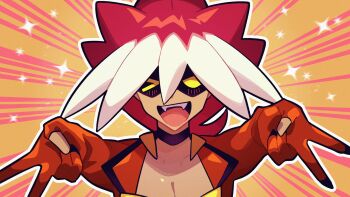 1boy collarbone commentary_request double_v fangs fumafuma735 highres light_blush male_focus nintendo one_eye_closed open_mouth outline pokemon pokemon_sm red_hair ryuki_(pokemon) solo sparkle upper_body v white_outline