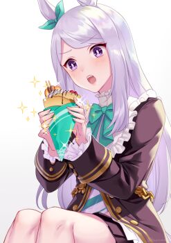 Rule 34 | 1girl, akatsuki (kuon), animal ears, aqua bow, aqua bowtie, aqua ribbon, black jacket, black skirt, blush, bow, bowtie, coat, commentary request, crepe, ear bow, ear ribbon, food, frilled coat, frilled jacket, frills, holding, holding crepe, holding food, horse ears, horse girl, horse tail, jacket, long hair, long sleeves, mejiro mcqueen (frontline elegance) (umamusume), mejiro mcqueen (umamusume), open mouth, pleated skirt, purple eyes, purple hair, ribbon, shirt, simple background, skirt, solo, sparkle, striped clothes, striped shirt, tail, teeth, umamusume, upper teeth only, white background
