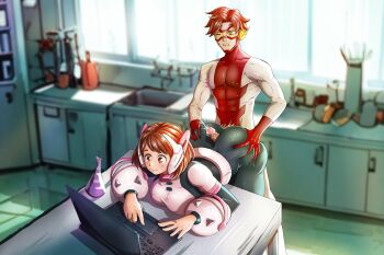 1boy 1girl abs absurdres artist_request bart_allen biting_own_lip bodysuit boku_no_hero_academia boots bottomless breasts brown_eyes brown_hair clothed_sex computer crossover cum dc_comics dry_humping erection from_behind goggles hetero highres humping kitchen laptop large_breasts medium_hair muscular muscular_male one_eye_closed pectorals penis red_hair short_hair superhero_costume uraraka_ochako wide_hips young_justice