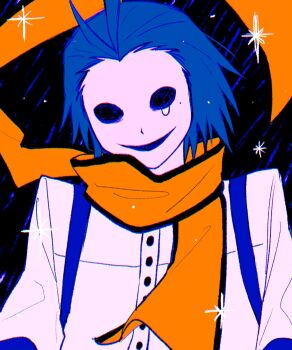 Rule 34 | 1boy, black eyes, blue hair, crying, crying with eyes open, hair slicked back, highres, long scarf, male focus, mochizuki ryouji, persona, persona 3, scarf, shirt, short hair, smile, solid eyes, solo, suspenders, tears, upper body, white shirt, widow's peak, yamada-kun (yamad 125), yellow scarf