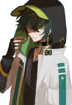 Rule 34 | 1boy, absurdres, baseball cap, black choker, black gloves, black hair, black hood, black hoodie, blonde streaks, body markings, choker, closed mouth, commentary request, crossed bangs, earrings, fingerless gloves, genshin impact, gloves, green eyes, green headband, hand on headwear, hand up, hat, hat under hood, headband, highres, hood, hood up, hoodie, jacket, jewelry, kinich (genshin impact), kinich (parallels meet) (genshin impact), looking at viewer, multicolored hair, nokori04, official alternate costume, short hair, simple background, single earring, solo, streaked hair, triangle earrings, twitter username, upper body, white background, white jacket, yellow hat