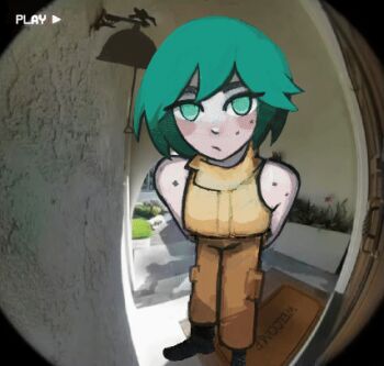 animated animated_gif aqua_eyes aqua_hair bell boots breasts commentary door doorbell doorbell_chud_(meme) doormat english_commentary fisheye full_body gloves hand_in_pocket jumpsuit leaning_forward lonku looking_at_viewer lowres medium_breasts meme motorslice multiple_moles no_pupils orange_jumpsuit p_(motorslice) peephole photo_background planter recording short_hair sleeveless_jumpsuit standing static tomboy turtleneck_jumpsuit vertical-striped_jumpsuit welcome_mat wooden_door