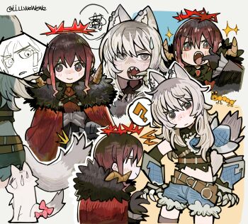 Rule 34 | 2girls, ?, absurdres, belt, black eyes, black shirt, blue shorts, braid, brown belt, brown hair, cape, chinese commentary, commentary request, crop top, gauntlets, girls band cry, girls band cry rpg, grey hair, halo, highres, iseri nina, kawaragi momoka, llllwewewe, long hair, midriff, multicolored hair, multiple girls, multiple views, open mouth, red cape, roots (hair), sharp teeth, shirt, short hair, shorts, single braid, teeth