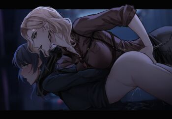 2girls absurdres blonde_hair blurry blurry_background blush bottomless cass_chief chest_harness chief_(path_to_nowhere) commentary earrings english_commentary female_chief_(path_to_nowhere) fingering grey_hair harness highres jewelry langley_(path_to_nowhere) medium_hair multiple_girls neck_hold path_to_nowhere shirt yuri
