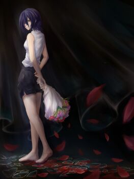 1girl barefoot black_shorts bouquet chainsaw_man falling_petals flower glass_shards green_eyes highres holding holding_bouquet looking_at_viewer petals purple_hair reze_(chainsaw_man) sakunaroku shirt shorts sleeveless sleeveless_shirt solo standing white_shirt