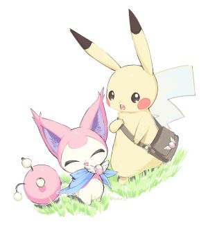 Rule 34 | animal focus, bag, bandana, bandana around neck, blue bandana, cat, closed eyes, gen 1 pokemon, gen 3 pokemon, grass, highres, nintendo, no humans, open mouth, pikachu, pokemon, pokemon (creature), pokemon focus, shoulder bag, skitty, sok (mr14 c), tail