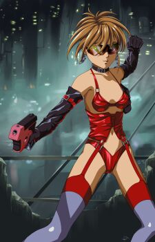 1girl absurdres armitage_iii belt_collar black_choker black_gloves blonde_hair chain chain_earrings choker collar earrings elbow_gloves garter_straps gloves gun handgun highleg highleg_panties highres holding holding_gun holding_weapon jewelry looking_at_viewer mystic_violence naomi_armitage navel panties red_panties short_hair solo sunglasses underwear weapon