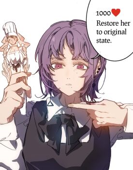 1girl absurdres apron black_dress chainsaw_man character_doll chef_hat collared_shirt commentary doll dress earrings english_text falling_devil_(chainsaw_man) fami_(chainsaw_man) flat_top_chef_hat hat highres holding holding_doll jewelry long_sleeves pinafore_dress pointing purple_eyes purple_hair ringed_eyes shirt sleeveless sleeveless_dress solo speech_bubble symbol-only_commentary white_apron yijiao_wuran