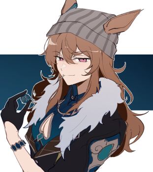 1girl animal_ears beanie black_gloves black_jacket blue_background bracelet breasts brown_hair cleavage cleavage_cutout closed_mouth clothing_cutout commentary dice ears_through_headwear english_commentary fur-trimmed_jacket fur_trim gloves grey_hat hair_between_eyes hat highres holding holding_dice horse_ears horse_girl jacket jenn_(sinclairfan1) jewelry lollipop_in_mouth long_hair looking_at_viewer nakayama_festa_(umamusume) purple_eyes smile solo thigh_strap two-tone_background umamusume upturned_eyes v-shaped_eyebrows white_background