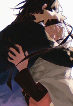 2boys absurdres bandaged_head bandages black_cloak black_hair black_headband blonde_hair cloak facial_mark haruiro_(hrm_ino) headband highres jacket male_focus medium_hair multiple_boys naruto_(series) orange_jacket short_hair signature spiked_hair twitter_username uchiha_sasuke upper_body uzumaki_naruto whisker_markings white_background white_cloak yaoi