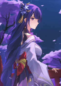 1girl absurdres back_bow blue_pupils blunt_bangs bow braid bridal_gauntlets bridge cherry_blossoms closed_mouth clothing_cutout cloud cloudy_sky commentary_request falling_petals fan_hair_ornament flower flower_ornament from_behind from_side genshin_impact highres japanese_clothes kimono light_smile long_braid long_sleeves looking_at_viewer looking_to_the_side mitsudomoe_(shape) mole mole_under_eye multicolored_hair night night_sky off_shoulder outdoors petals purple_eyes purple_flower purple_hair purple_kimono raiden_shogun red_sash sabaku_(phez2387) sash shoulder_cutout single_braid sky solo star_(symbol) streaked_hair tomoe_(symbol) tree upper_body wide_sleeves