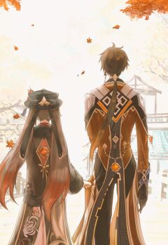 1boy 1girl architecture back black_hat brown_hair chinese_clothes coattails commentary_request earrings east_asian_architecture falling_leaves formal_clothes genshin_impact gradient_hair hat hat_tassel hu_tao_(genshin_impact) jacket jewelry leaf long_hair long_sleeves multicolored_hair piyopiyo21562 porkpie_hat single_earring tailcoat tassel tassel_earrings twintails very_long_hair vision_(genshin_impact) zhongli_(genshin_impact)