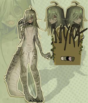 1girl abstract_background brown_eyes crocodile_girl crocodilian_tail flat_chest full_body green_hair green_scales hair_over_one_eye highres kappa long_hair monster_girl nyra_(plushrot) open_mouth original outline plushrot reference_sheet scales solo standing tail yellow_outline