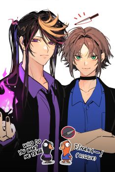 Rule 34 | 2boys, absurdres, aqua eyes, bird, black choker, black hair, black hairband, black jacket, black nails, black necktie, blonde hair, blue hair, blue shirt, brown hair, chinese commentary, choker, closed mouth, collarbone, collared shirt, crossed arms, duck, earrings, english text, fire, formal clothes, hairband, highres, jacket, jewelry, kayu (yukagoin), knife, light smile, long hair, looking at viewer, male focus, multicolored hair, multiple boys, mysta rias, nail polish, necktie, nijisanji, nijisanji en, notice lines, open clothes, open collar, open jacket, parted bangs, pink hair, ponytail, purple eyes, purple fire, purple shirt, shirt, short hair, shu yamino, sidelocks, smile, streaked hair, suit, upper body, virtual youtuber, white background