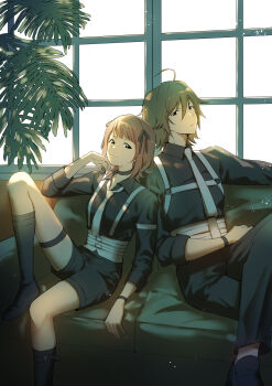 1boy 1girl ahoge amagase_touma amami_haruka black_pants black_ribbon black_shirt black_shorts brown_eyes brown_hair commentary_request couch green_eyes hair_ribbon highres idolmaster idolmaster_(classic) idolmaster_side-m leaning_on_person looking_at_viewer matching_outfits mintpmintp necktie on_couch pants ribbon shirt short_hair shorts sitting white_necktie